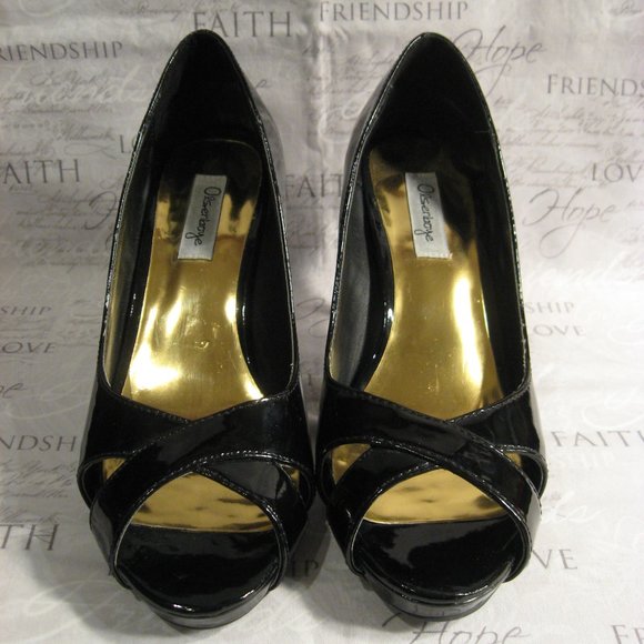 OLSENBOYE BLACK PATENT PEEP TOE HEELS SZ. 6.5 MED. - Picture 1 of 5